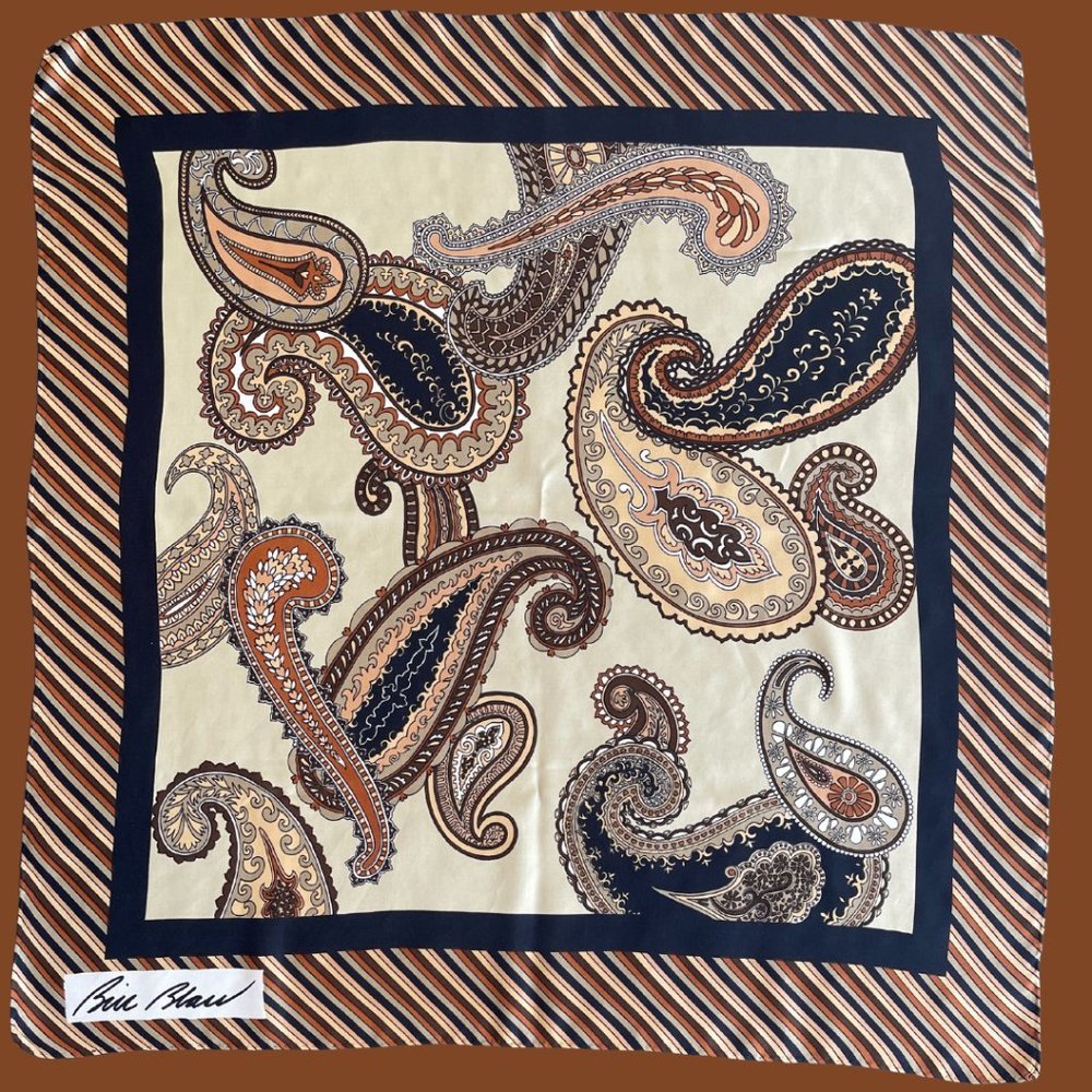 Authentic Vintage Bill Blass Silk Scarf Brown Paisley Motif Rare Find, Like New!